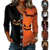 Women's Casual V Neck 3/4 Sleeve T Shirt Halloween Themed Graphic Print Top Lightweight Soft Fabric Relaxed Fit for Everyday Wear