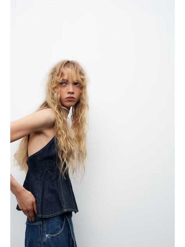 2025 Spring Women's European & American Style Sexy Wavy Hem V-Neck Spaghetti Strap Denim Top