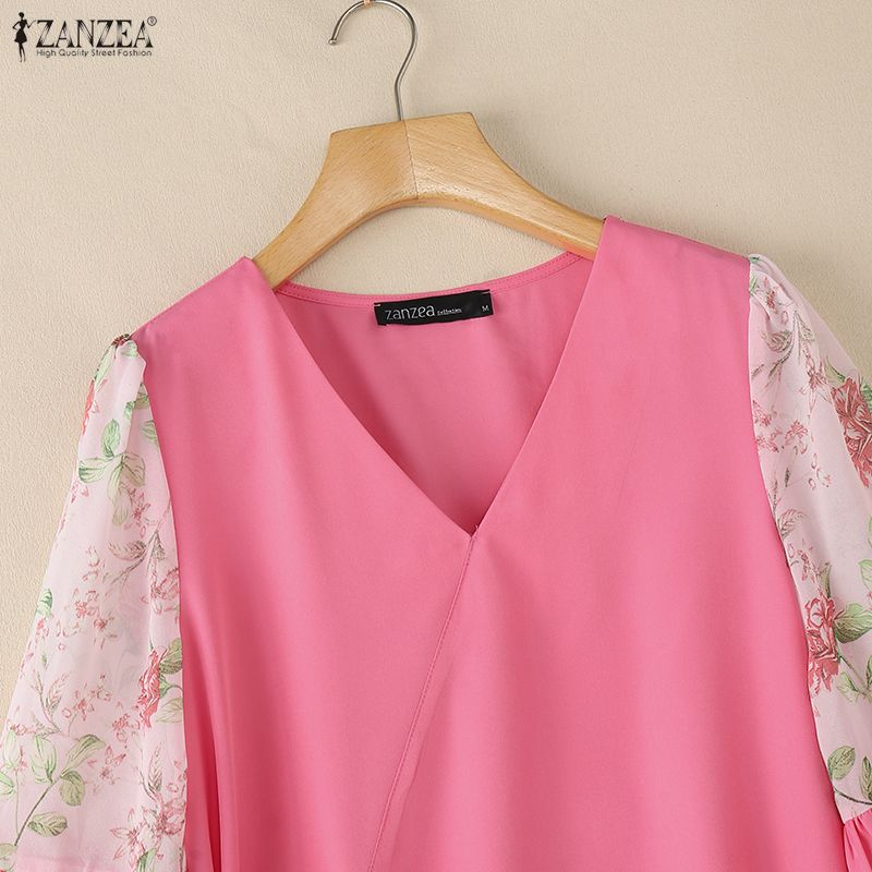 ZANZEA Women Casual V-Neck Loose Splice Half Sleeve Blouse