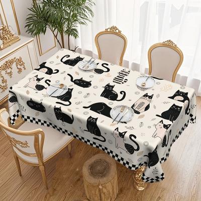 Simple Cartoon Cat, Black And White Plaid Pastoral Round Tablecloth, Household Table Cloth, Restaurant Decorative Cloth
