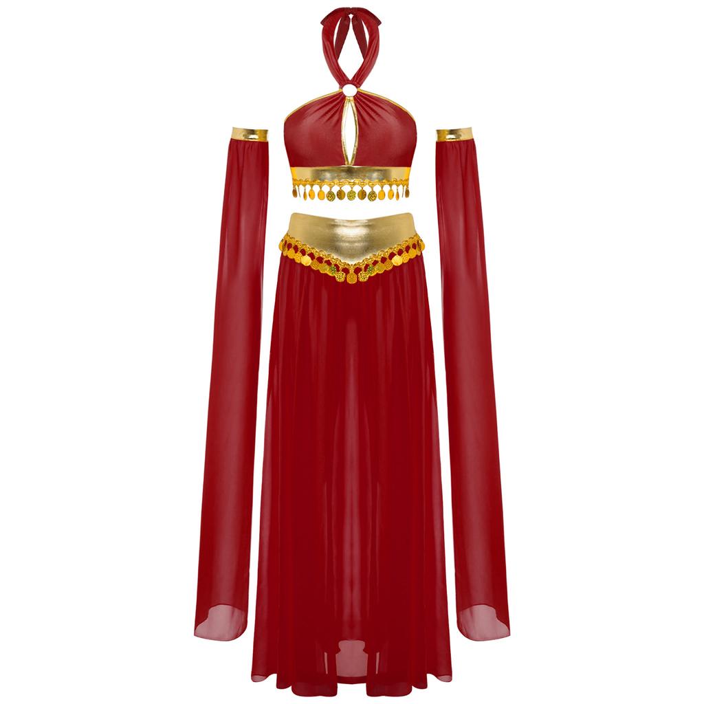 Womens Belly Dance Costume Self Tie Halter Keyhole Front Sequins Hem Crop Top Built In Briefs Chiffon Skirt