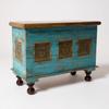 Wooden Trunk Chest Coffee Table Box  Blue Distressed Storage Chest with Carved Brass Panels Budha Handcrafted Storage Distressed Blue Chest