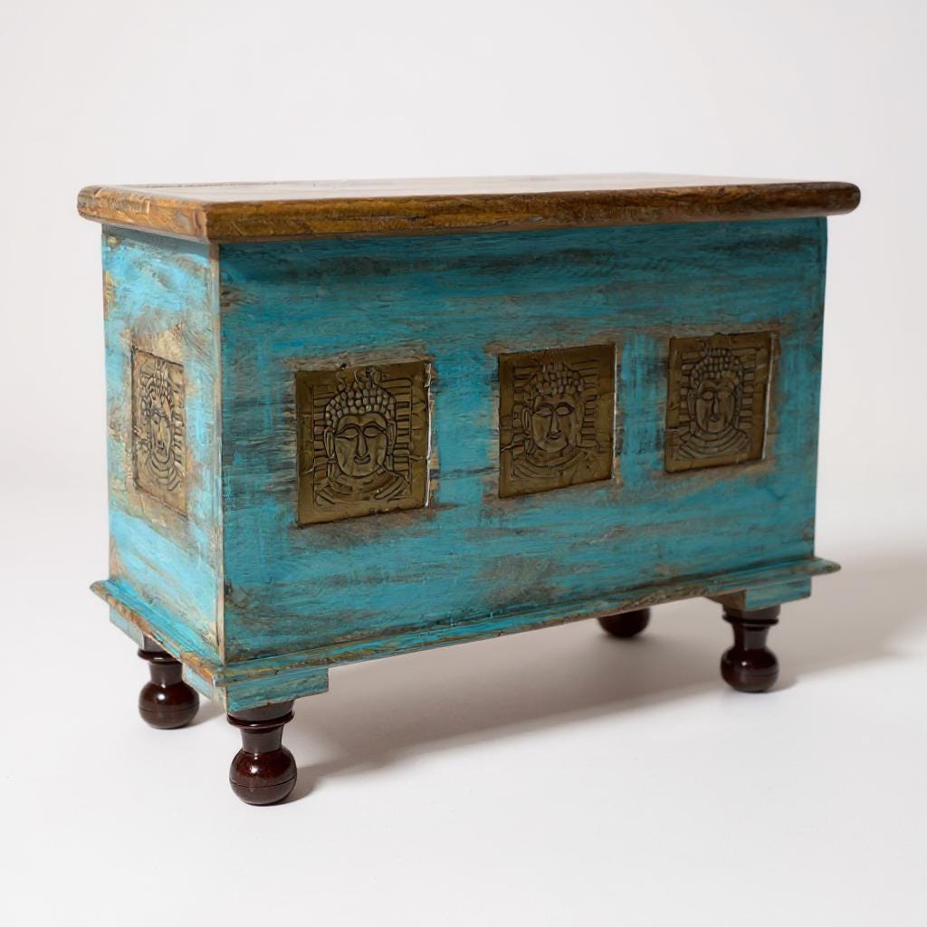 Wooden Trunk Chest Coffee Table Box Blue Distressed Storage Chest with Carved Brass Panels Budha Handcrafted Storage Distressed Blue Chest