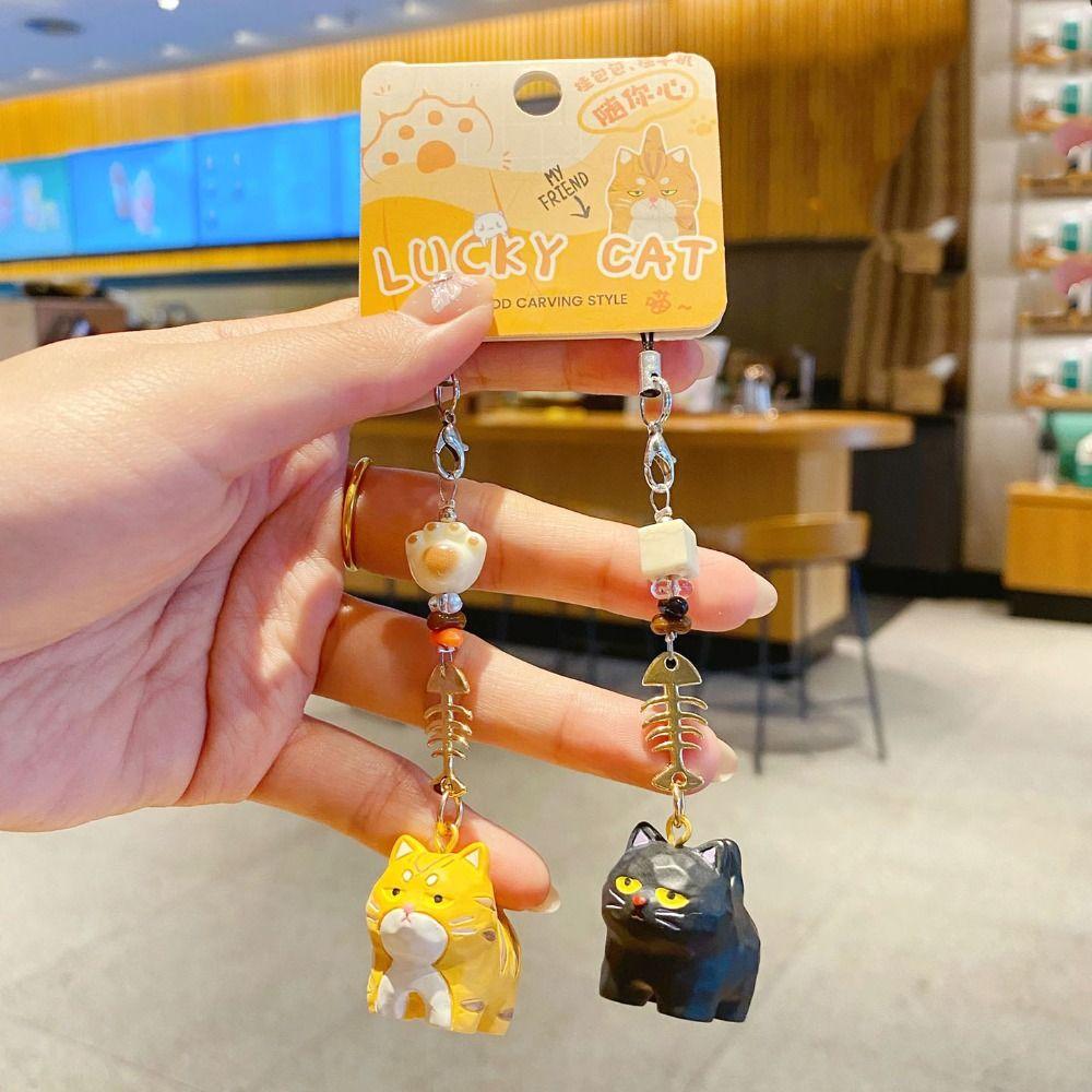 2Pcs Bag Hanging Resin Cat Pendant Cute Car Keyring Cartoon Cat Fishbone Keychain  Bag Decor