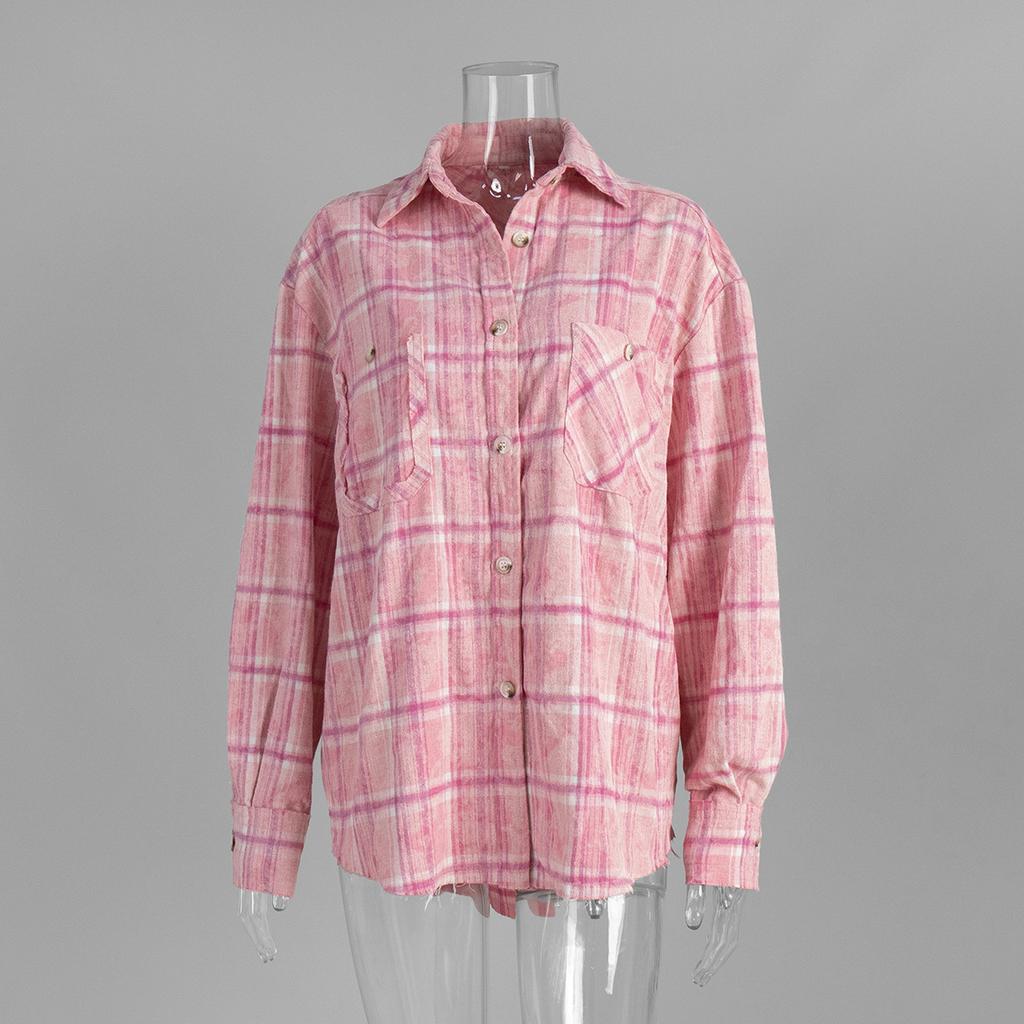Karomuster Hemd 2026 Frühling Sommer Neu Retro Kariert Knopfleiste Oversized Shacket Rosa Vichy-Karos Hemd Damen Lässiges Oberteil