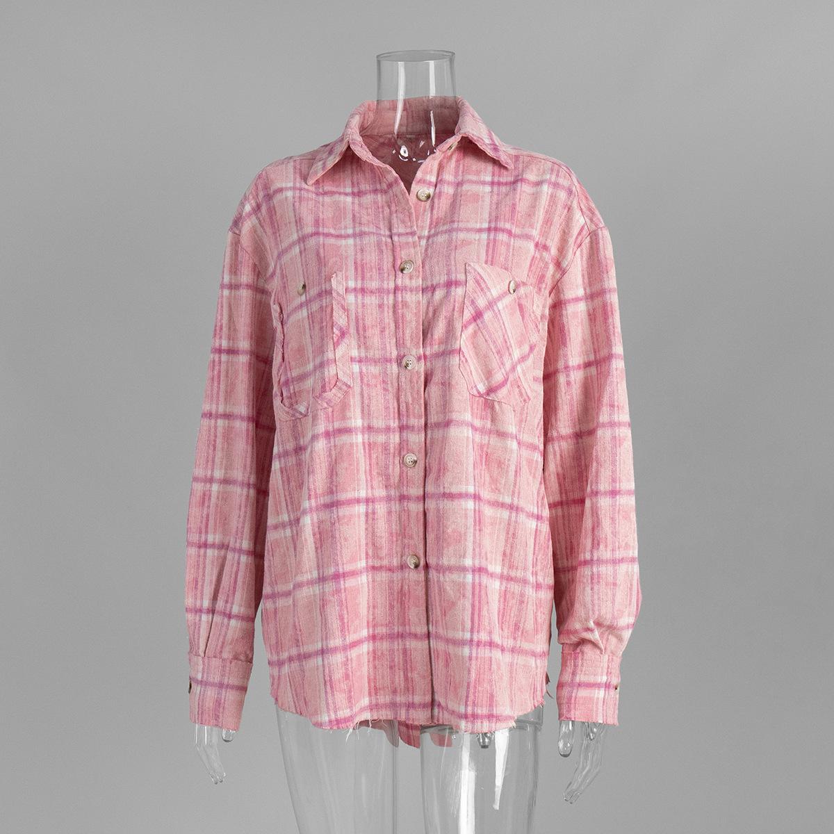 

Women s Pink White Plaid Distressed Hem Casual Long Sleeve Shirt S розовый