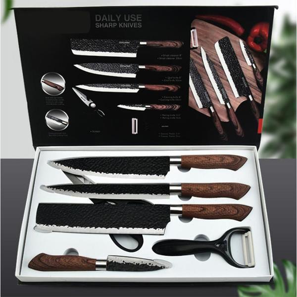 6pcs Stainless Steel Kitchen Knife Set Chef Knives Slicing Knife Meat Cleaver Fruit Knife Peeler Scissors