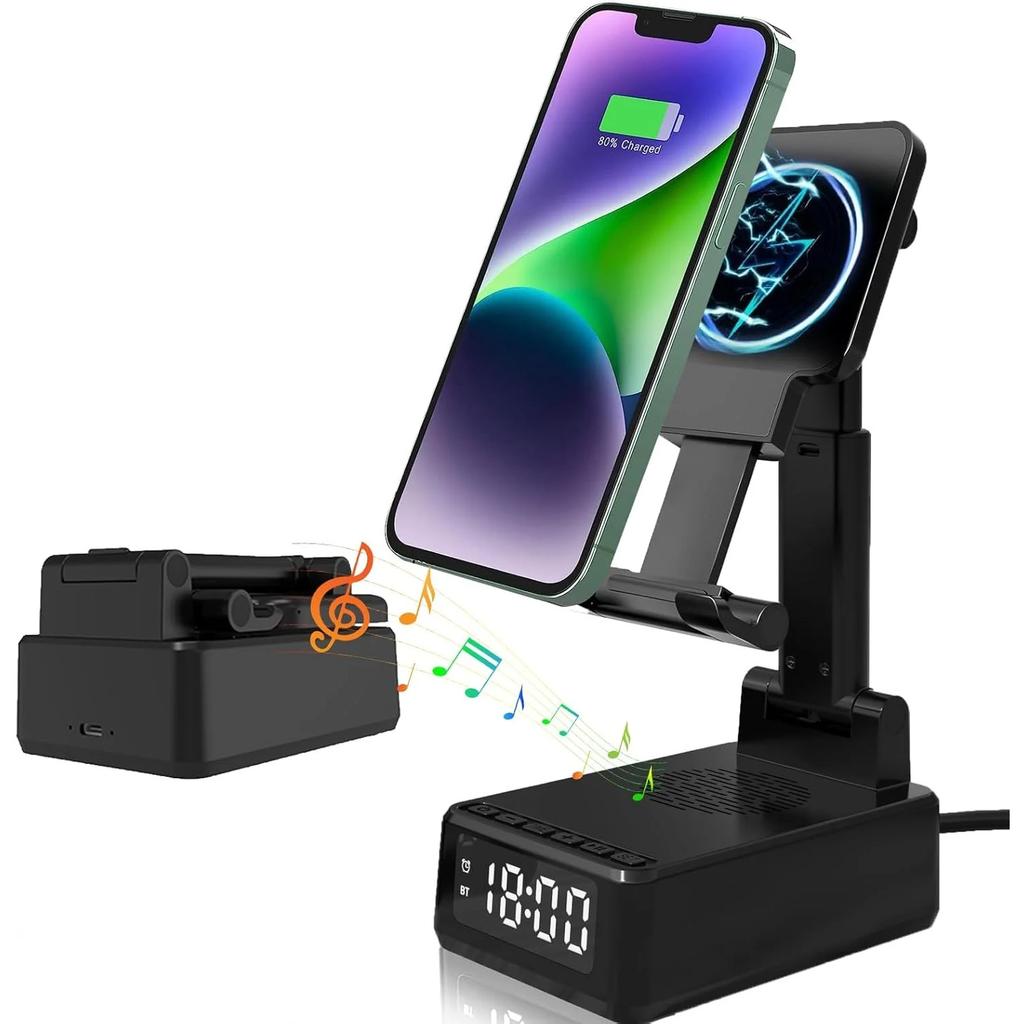 15 W Faltbares kabelloses Ladegerät LED-Zeitanzeige Wecker Telefonständer Bluetooth-Lautsprecher für iPhone 15/14/13Pro