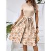 Women's Fashionable Retro Patterned Printing Color Blocked Belt Casual Dress