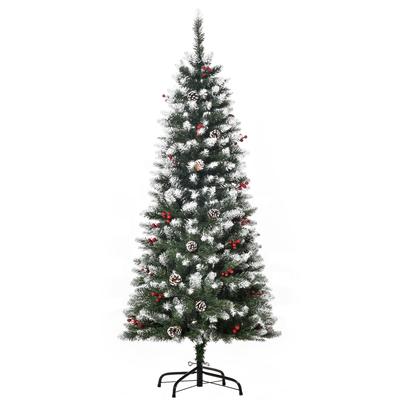 5FT Artificial Christmas Tree Xmas Pencil Tree with Red Berries and Pinecones Holiday Home Indoor Decoration with Foldable Feet, Green