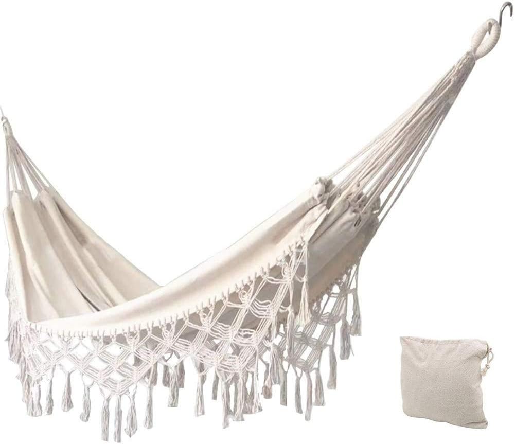 

Brazilian Cotton Hammock for 2 Adults 400lbs, Portable Outdoor Camping Beach Patio – 320G Canvas with Fringes покинуть белый