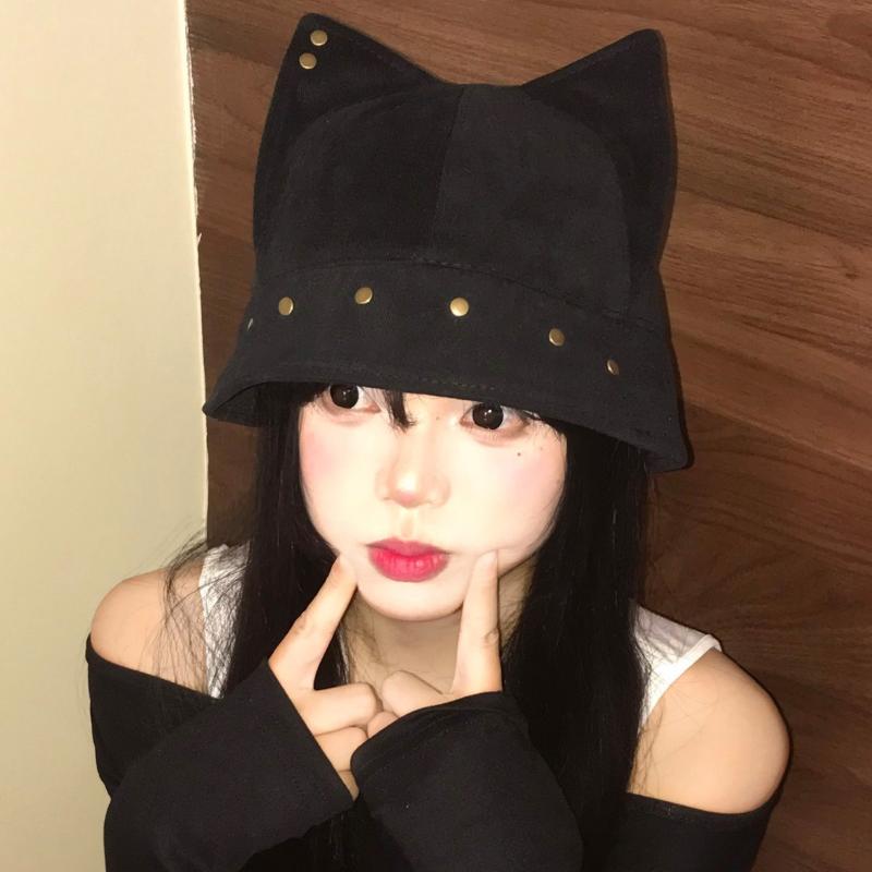 Cute Three-Dimensional Cat Ears Rivets Personalized Bucket Hat Spring Autumn Versatile Trend Sunshade Basin Cap For Women