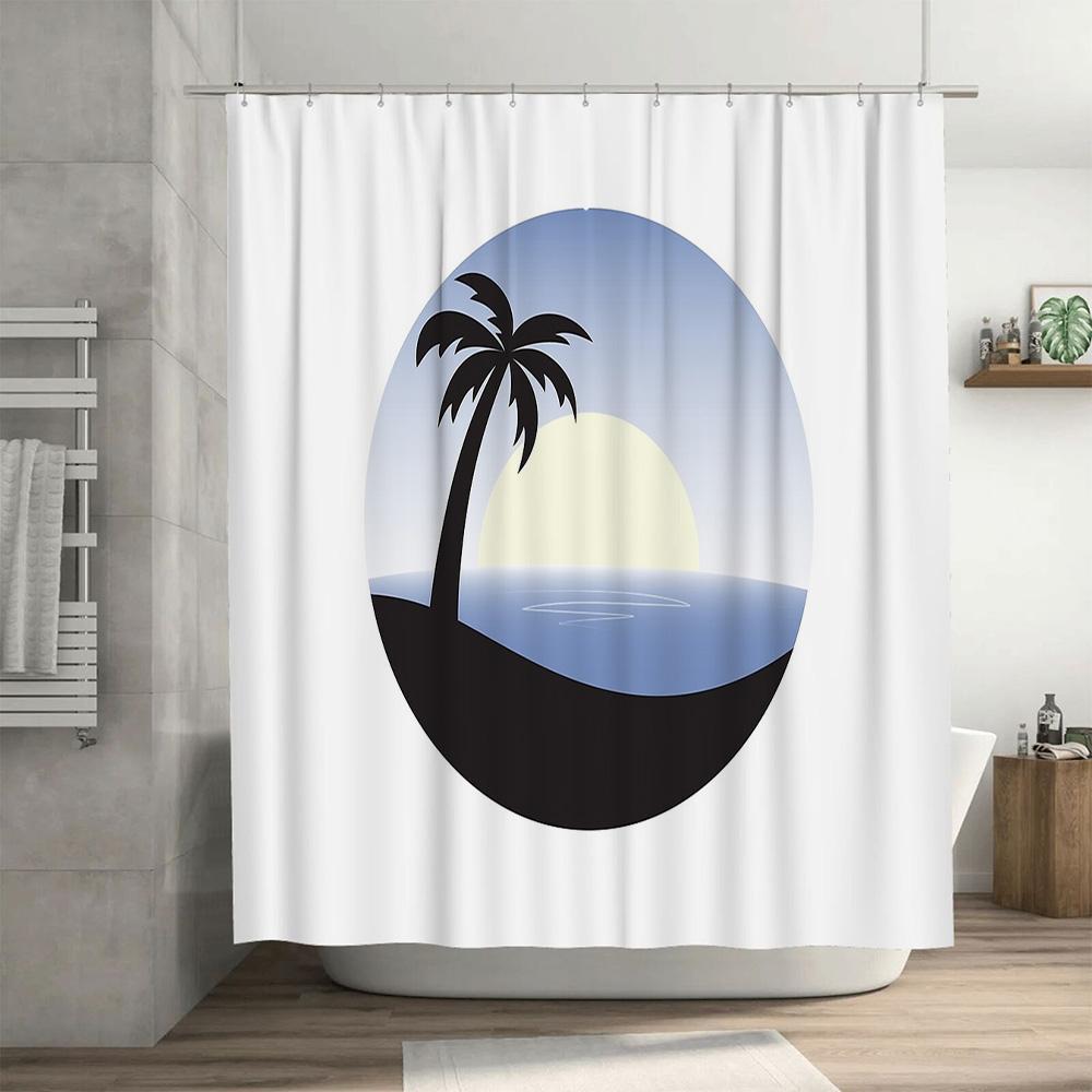 Tropical Beach Shower Curtain Palm Tree Ocean Sunset Scenic Bathroom Decor Waterproof Modern Coastal Vibes Home Decor