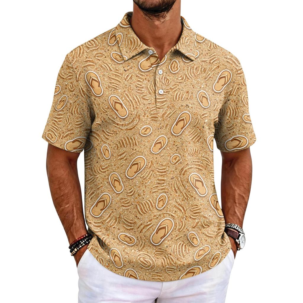 Men's Short Sleeve Polo Shirt Hawaiian Style Loose Fit Casual Top Button Down Collar Soft Fabric All Over Print Design