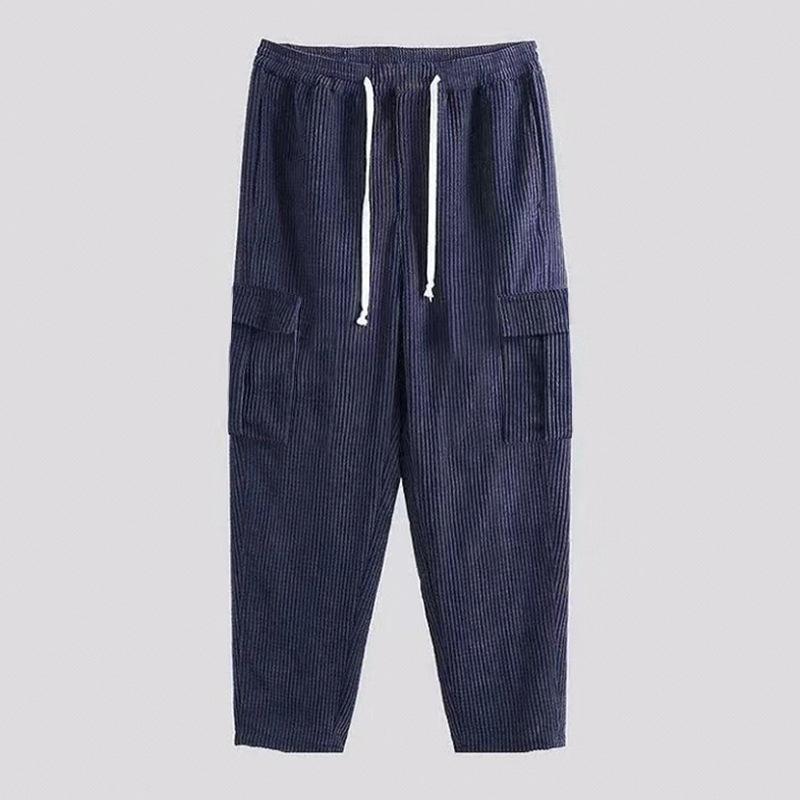 Men's corduroy trousers solid color sweatpants loose straight multi-pocket men's thin casual pants autumn and winter