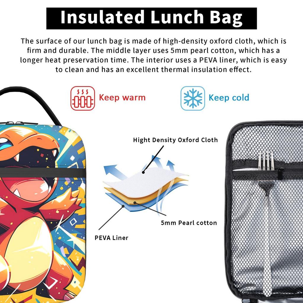 Charmander Battle Manga Lunch Bag Kawaii Lunch Box For Unisex Office Cooler Bag Oxford Thermal Lunch Bags