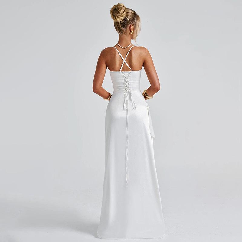 Women's Autumn/winter Sexy Back Strap Split Evening Dress Solid Color Strap Dress