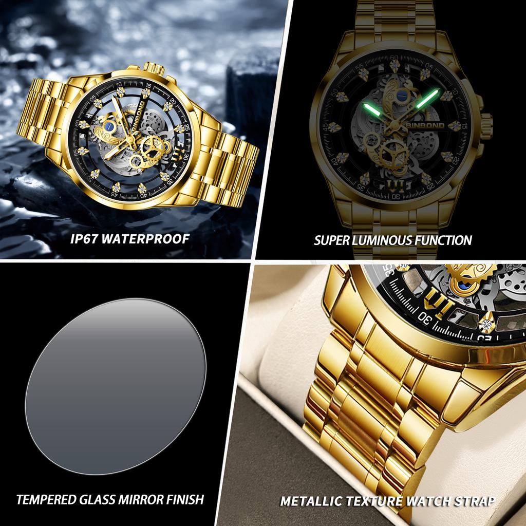 BINBOND Luxury Vintage Hollow-Out Quartz Wristwatch for Men Luminous Waterproof Accurate Durable Men's Watch Casual Reloj+Box