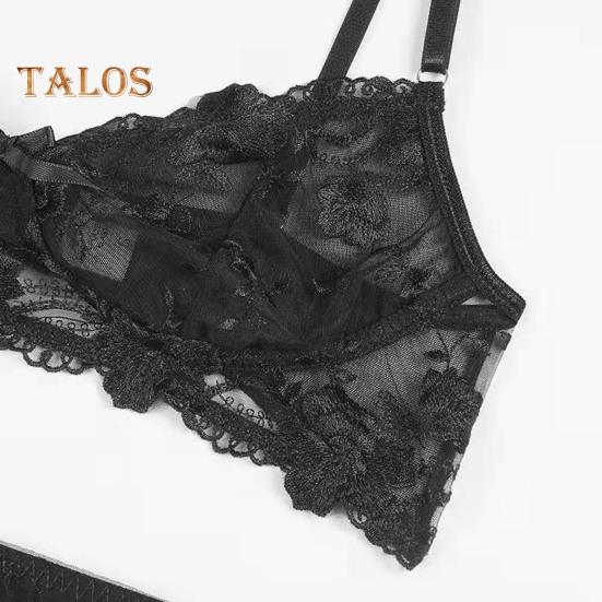 3 ks/sada Sada podprsenky Kalhotky 3D květinový dekor s mašlí Lanková krajka Push Up Prsteny na stehnech Vysoký pas Svatební noc Romantická půlnoční Sada spodního prádla pro dámy