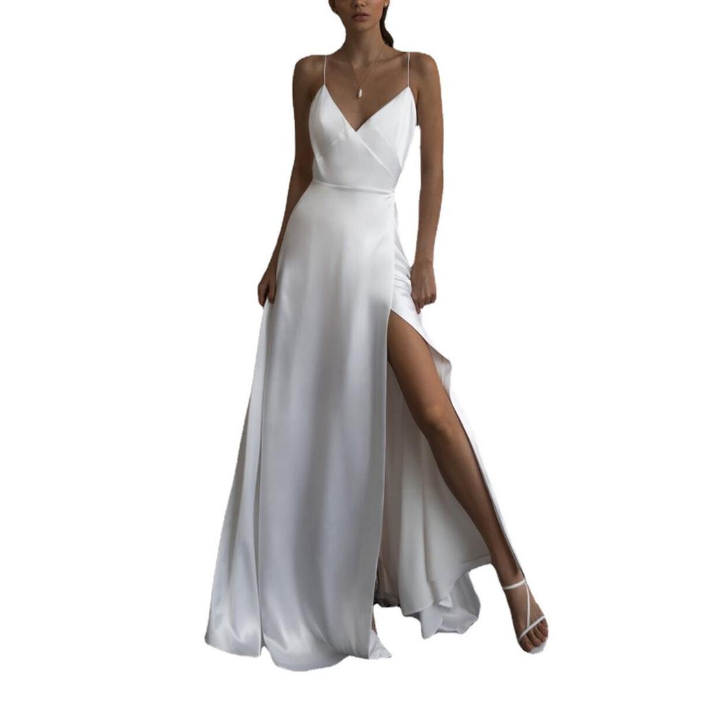 Spring Summer Women's Long Dress, European American Sexy Spaghetti Strap Sleeveless V-neck Cocktail Mini Evening Gown