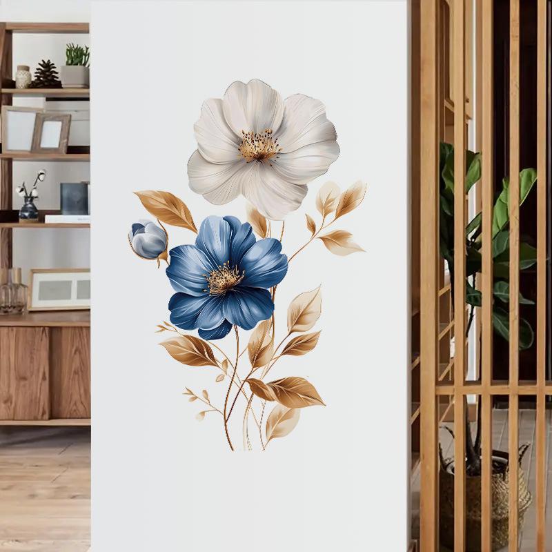 Simulated Blue White Floral Gold Leaves Wall Sticker Self-Adhesive Removable for Bedroom Hallway Elegant Home Decor Art
