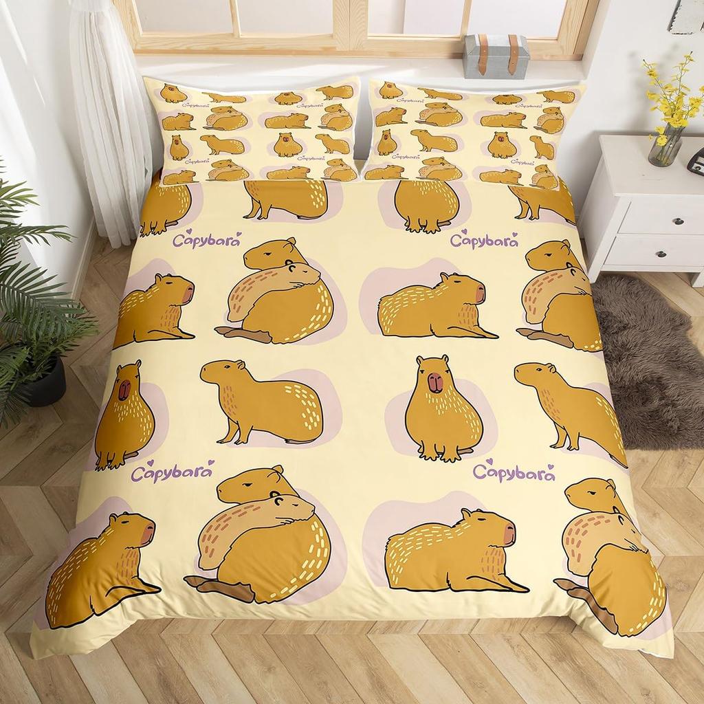 Cartoon Capybara Duvet Cover Twin Queen Toddler Botanical Leaves Funny Animal Bedding Set Graffiti Sketch Lines Comforter Cover