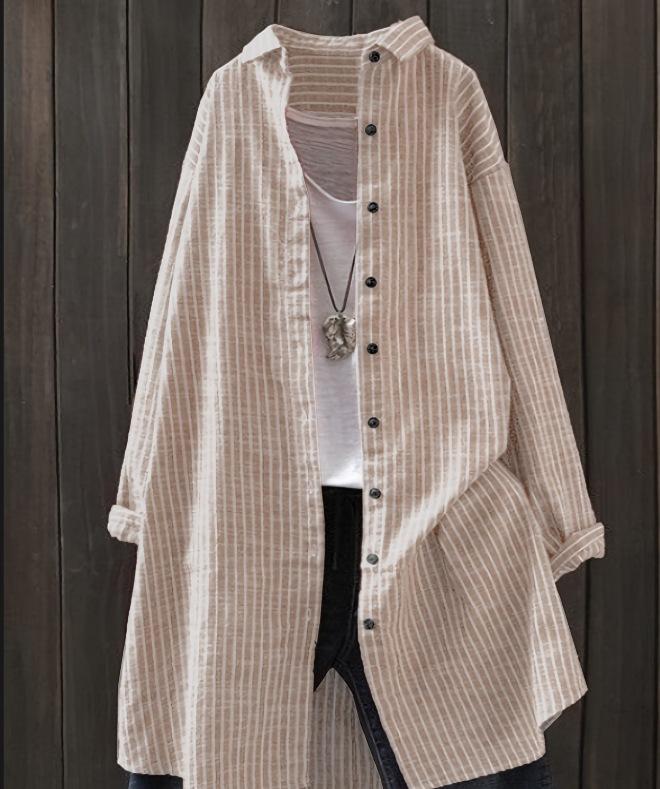 New Women's Cotton and Linen Striped Shirt, Mid Length Long Sleeved Pocket Top