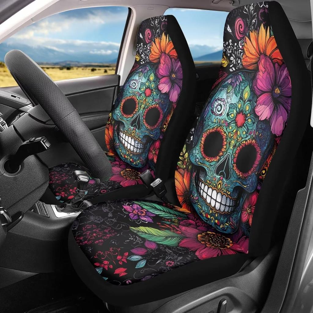 Bulopur Cute Black Gray Skull Set of 2 Car Seat Covers Universal Auto Front Seats Protector Fits for Car,SUV Sedan,Truck