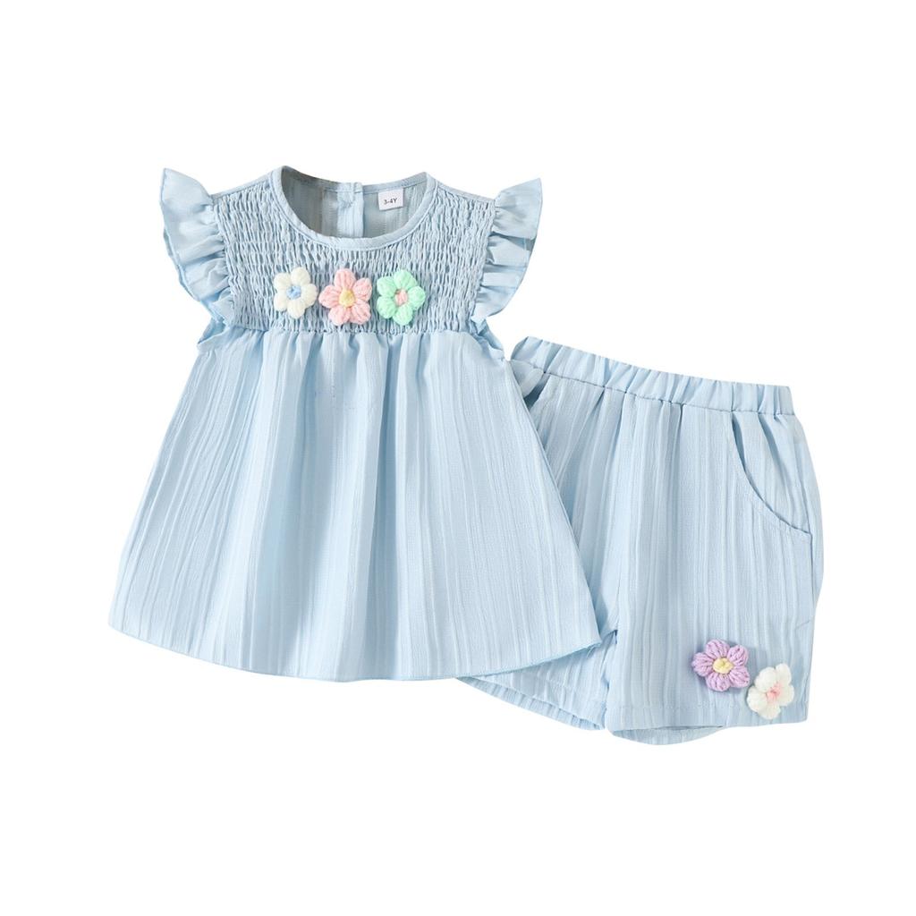 Little Flower Kurzarm-Top mit Schleife Shorts Sommeranzug für Mädchen