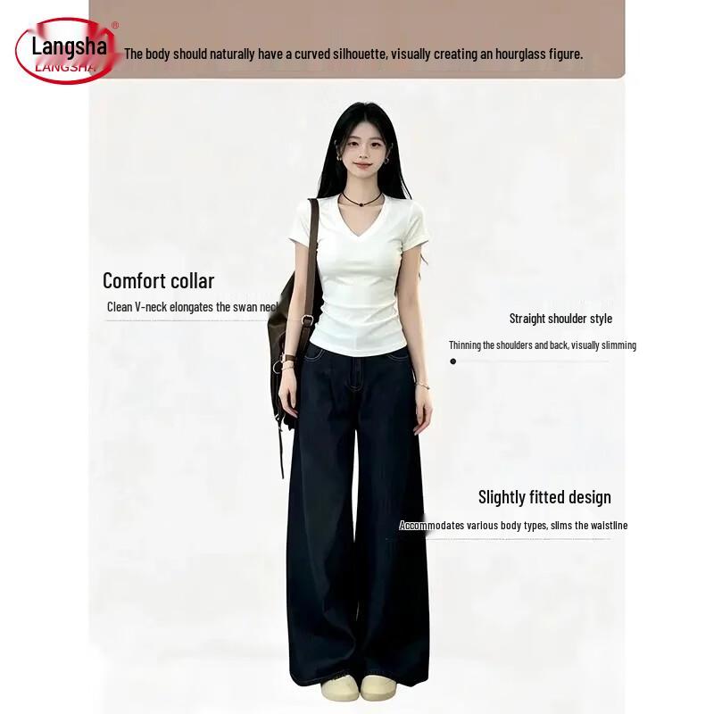 Langsha Women's V-Neck Slim Fit Short Sleeve T-Shirt