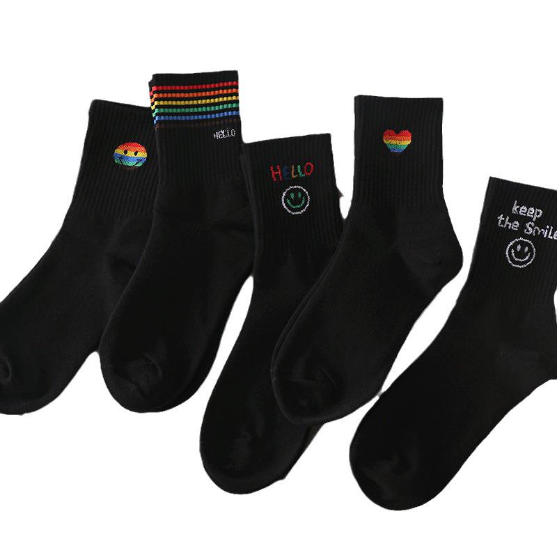Black Cartoon Korean Women's Mid-Tube Socks - Autumn/Winter Trendy Sports Style, Versatile All-Match White Socks, Popular Among Students.