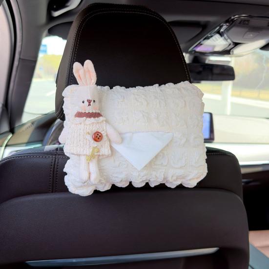 Cute Car Tissue Box Holder Soft Plush Rabbit Hanging Paper Dispenser Universal Auto Seat Back Organizer for Home Car Office