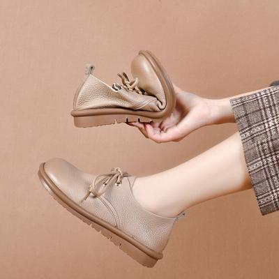 Round Head Single Shoes Women's Autumn New Soft-soled Soft-faced Cowhide Lace-up Flats Comfortable Small Leather Shoes