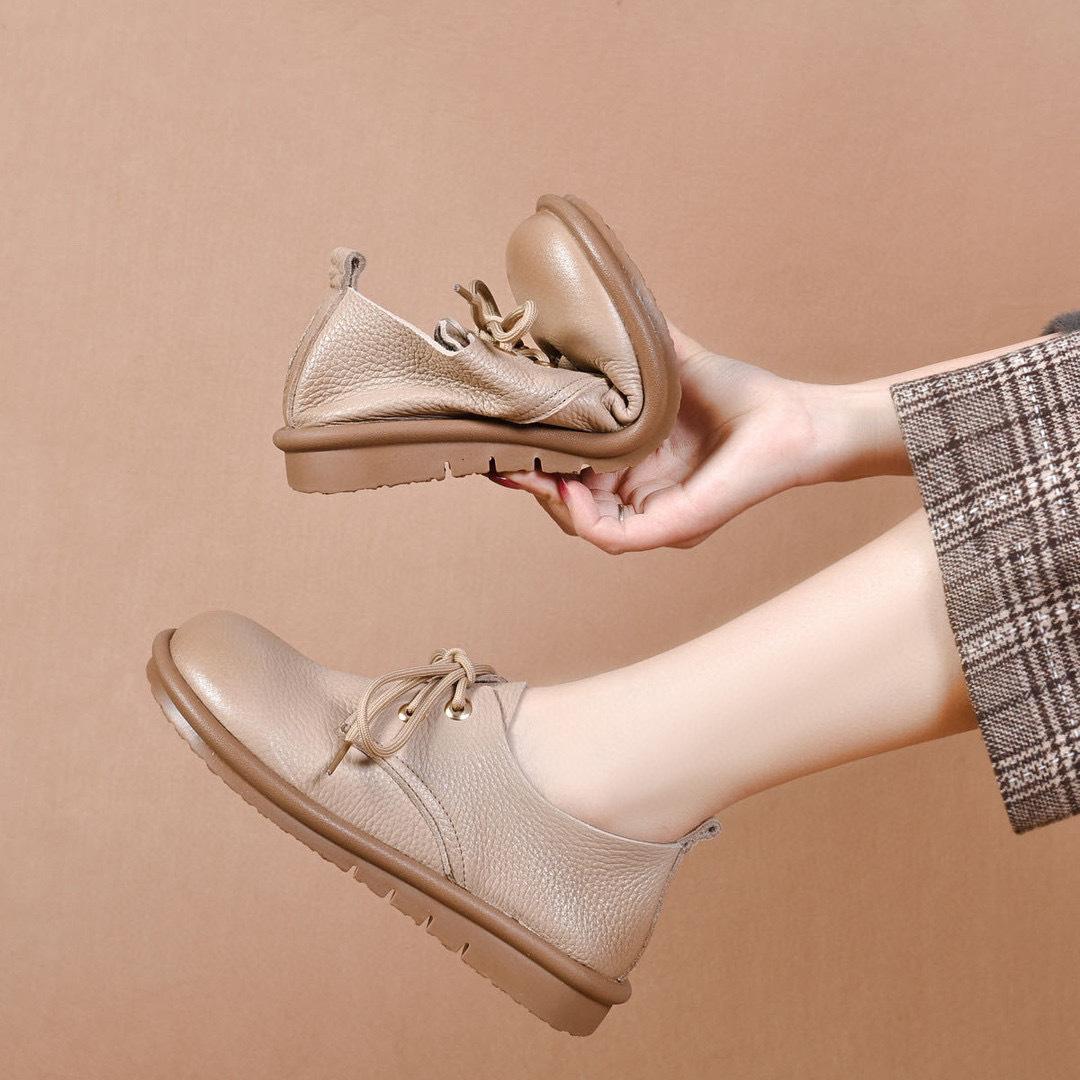 

Женские туфли на плоской подошве с круглым носком, новинка осени, из мягкой кожи с мягкой подошвой, на шнуровке, удобные маленькие кожаные туфли 40 абрикосовый