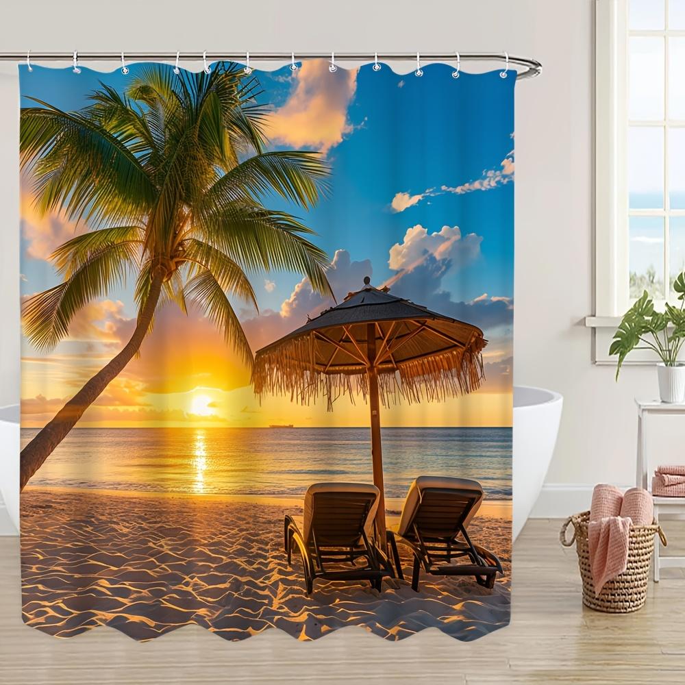 Tropical Sunset Beach Bath Curtain - Palm Tree & Lounge Chairs; Waterproof Home Decor Adds Vacation Vibes to Your Bathroom
