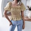 Women Spring Summer Chic Floral Print Shirt Blouse Top Square Collar Short Lantern Sleeve Ruffle Hem Slim Waist Simple Chiffon S-XL