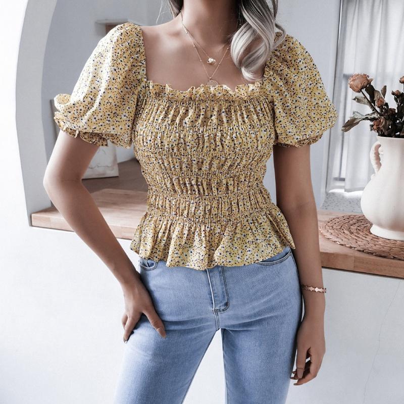 Женская весна-лето шикарная рубашка с цветочным принтом блузка топ квадратный воротник — фото 3