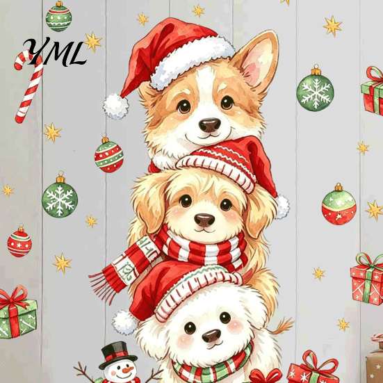 Indoor Christmas Wall Ornaments Decals, Watercolor Stacked Dogs Stickers, Self?Adhesive PVC Xmas Holiday Decor for Living Room Puppy Stickers
