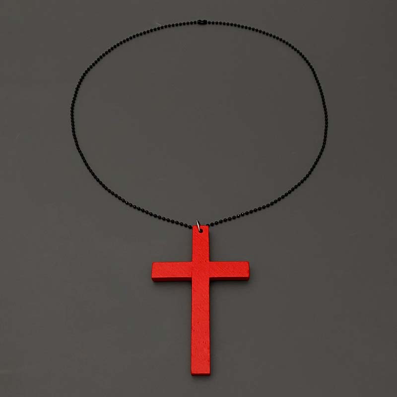 Punk Wood Cross Pendant Necklace for Women Men Vintage Hip Hop Red Big Cross Beaded Sweater Chain Necklace Y2K Halloween Jewelry