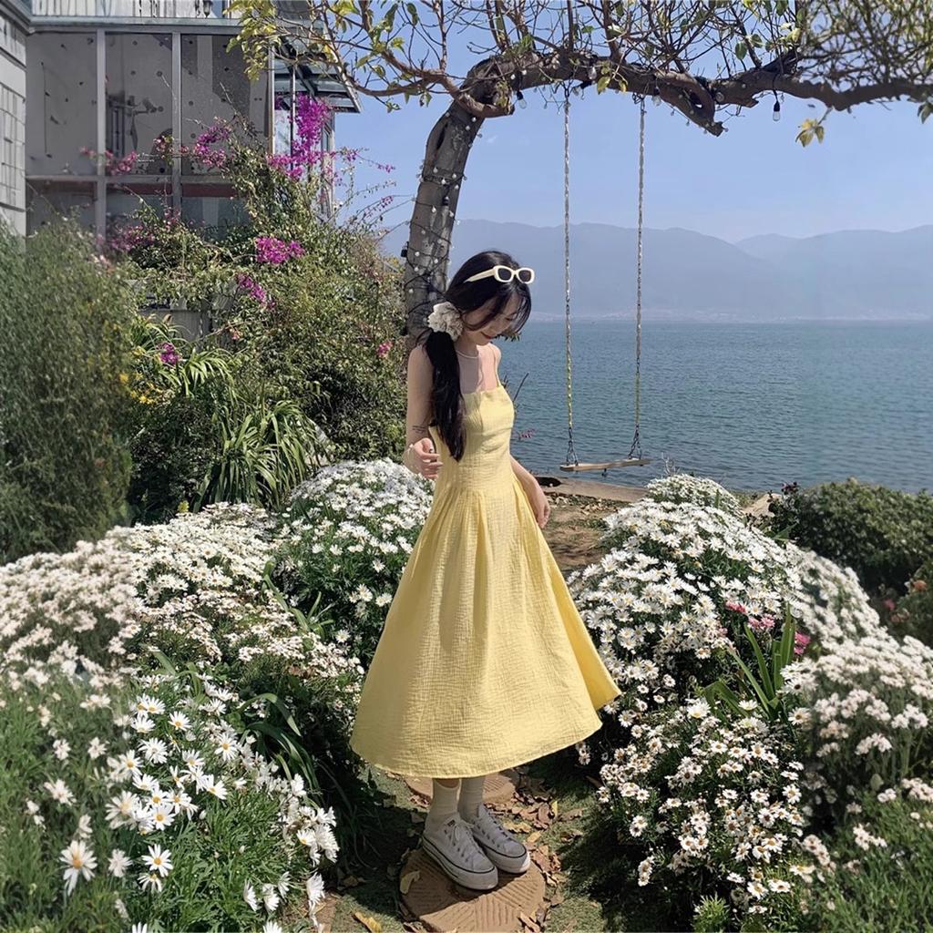 French Small Yellow Suspender Dress Women's Summer New Waist Temperament Long Dress Seaside Vacation Skirt