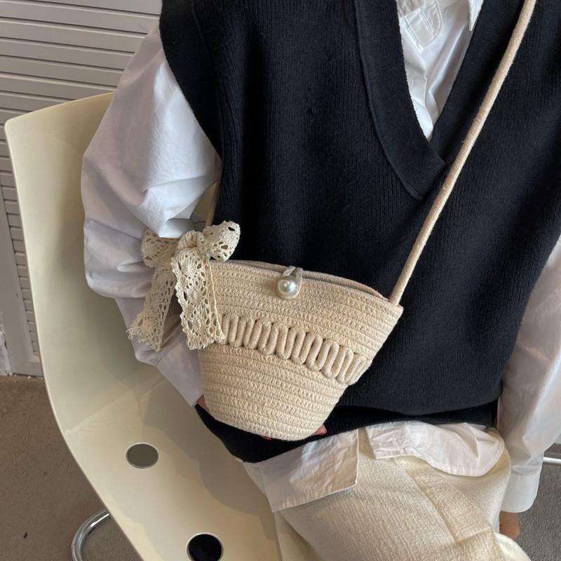 Decoration Solid Bow Color Children Woven Shoulder Bag For Summer Daily Use
