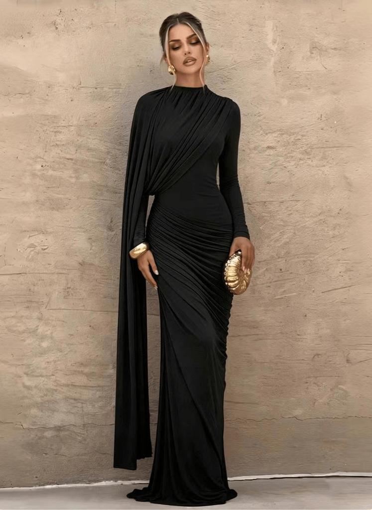 Europäisches und Amerikanisches Damen Slim Fit Faltenband Rundhals Langarmkleid