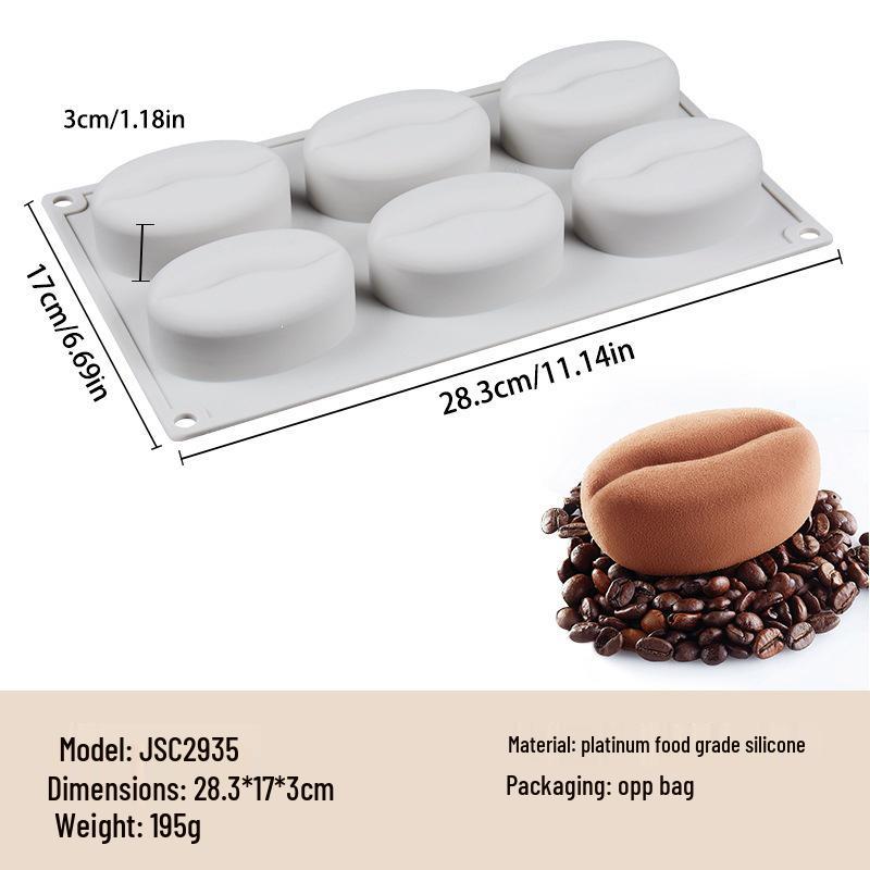 6-Cavity Food-Grade Silicone Mold: Coffee Bean, Pudding, Mousse & Cake Resistant to High Temperatures