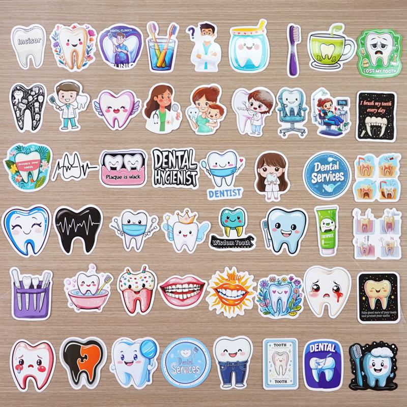 50Pcs Dental Cute Tooth Shaped Stickers Dentist Store Toothbrush Cartoon Decal Diy Wallstickers Decoration Teeth Sticker
