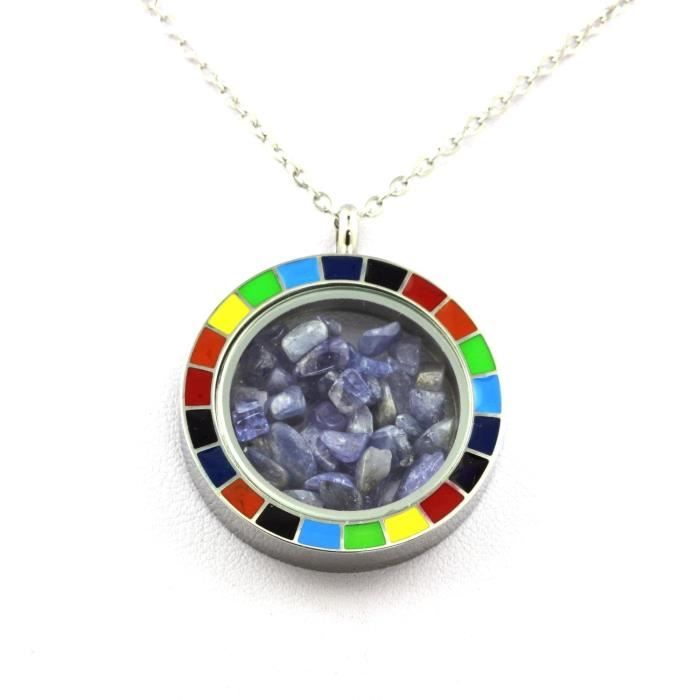 Collier - ABIJOUX - Modèle Arc-en-ciel - Pendentif en Tanzanite brut - Acier inoxydable - Mixte