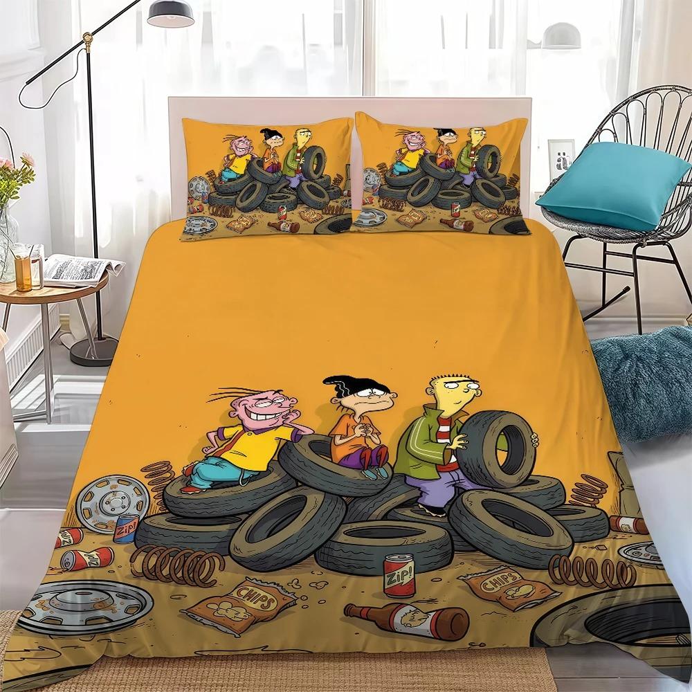 Housse de couette et taies d'oreiller imprimées en 3D Catoon Ed, Edd y E-Eddy Ensemble de literie, pour la décoration de chambre d'adulte fille garçon Cadeau, Cadeau d'anniversaire 100x135cm (2pcs)