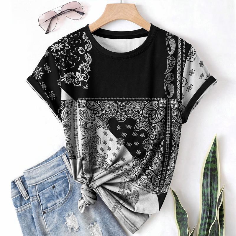 Summer Round Neck Short Sleeved Women's T-shirt with 3D Element Pattern Loose Breathable Lightweight Fabric Shirt