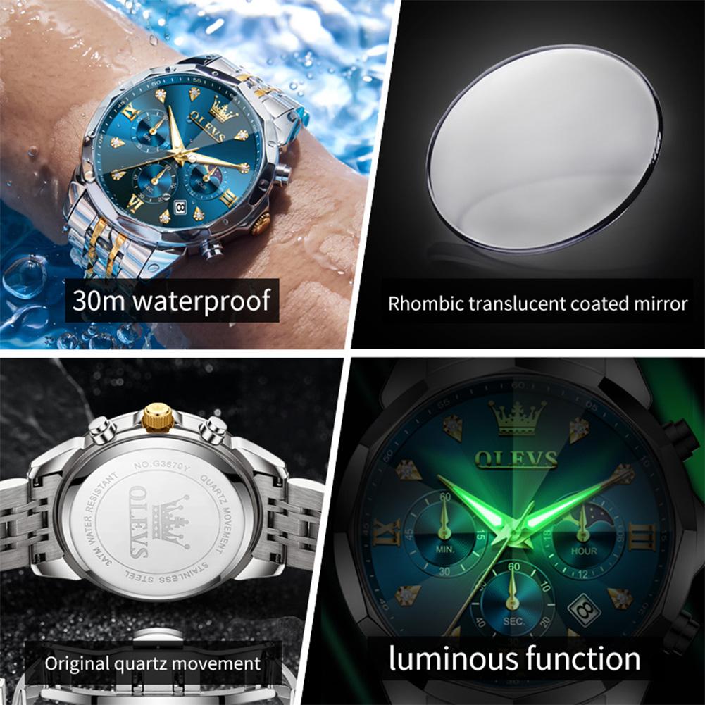 OLEVS 3670 Men's Watches Moon Phase Chronograph Waterproof Calendar Classic Business Quartz Wristwatch for Man