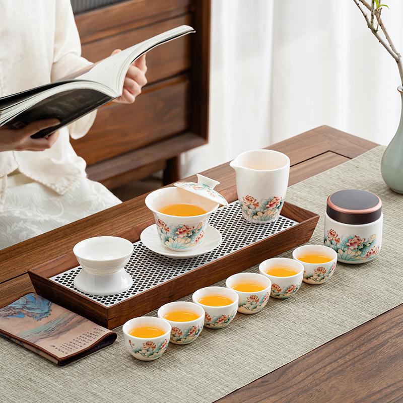 Light Luxury Kung Fu Set Retro Red Lotus White Porcelain Teapot Dehua Suet Jade Merchandise Gifts Guochao Business Printing