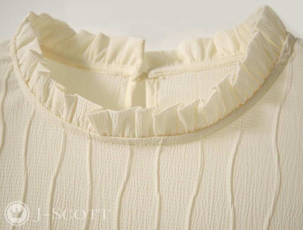 J-Scott Wave Print Blouse with Mini Brooch, Textured Fabric, Frill Neck, Long Sleeves, White (JS68-WH-2XL)